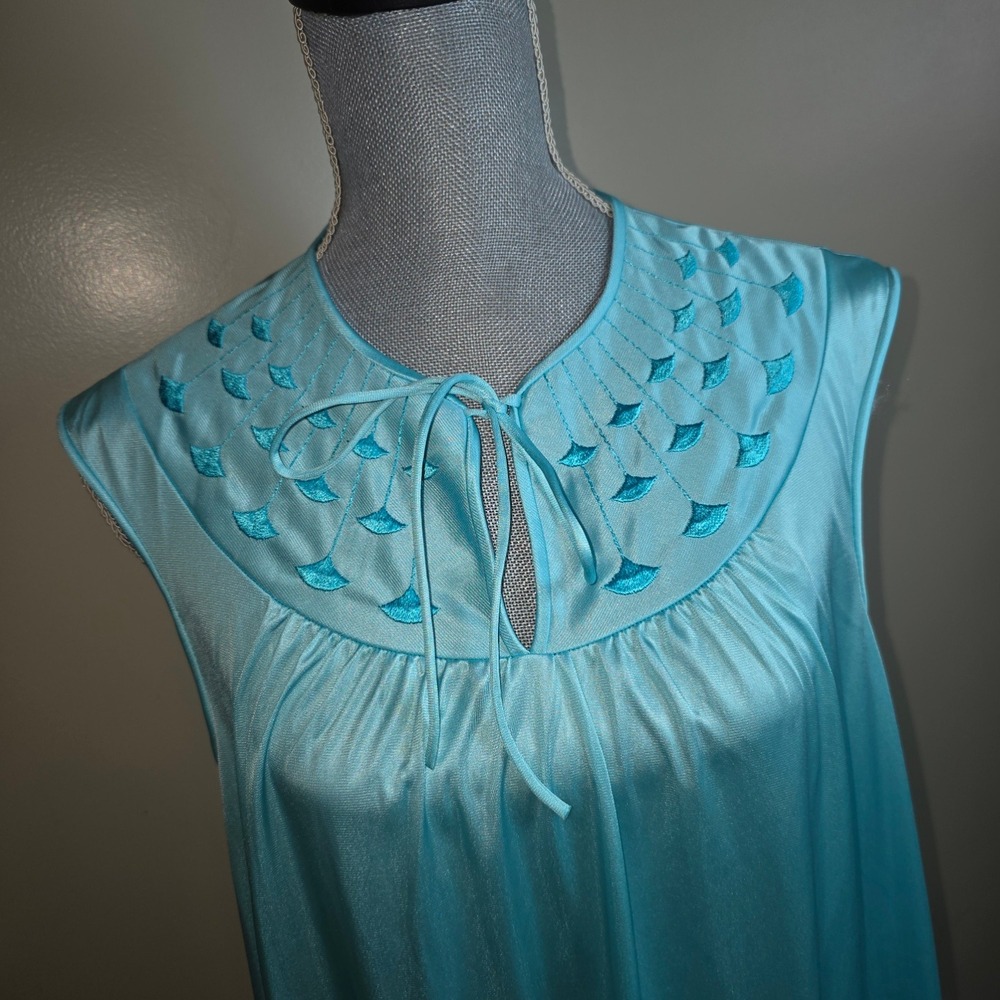 Vintage Turquoise Blue Embroidered‎ Satin Maxi Nightgown Sleeveless Keyhole Tie